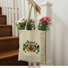 Blessed Mom Tote Bag, Sunflower Tote, Cute Bee Tote, Mother's Day Gift Bag, Everyday Tote Bag, Gift for Mom, Floral Tote, Stylish Tote Bag - Tawshia