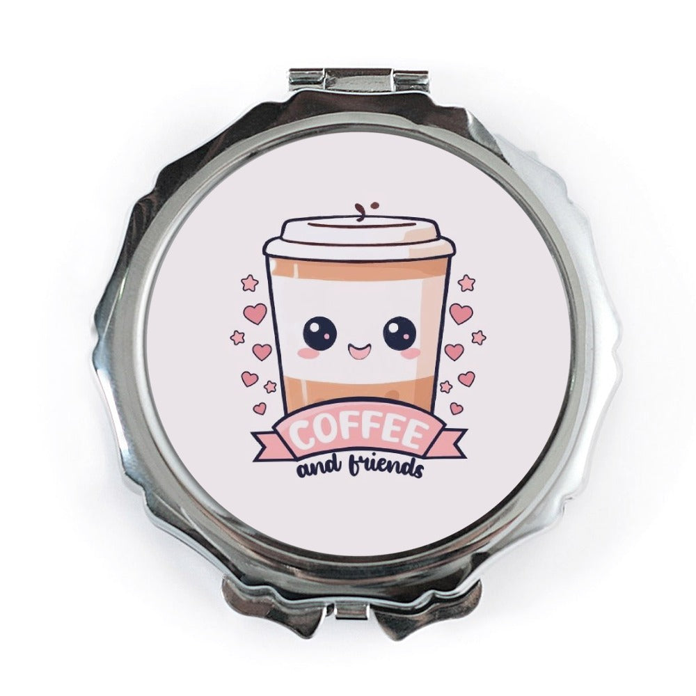 Coffee and Friends Pocket Mirror, Cute Kawaii Coffee Cup Compact Mirror, Gift for Coffee Lover, On The Go Makeup Mirror - Tawshia