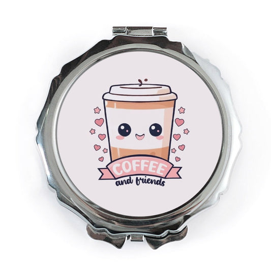Coffee and Friends Pocket Mirror, Cute Kawaii Coffee Cup Compact Mirror, Gift for Coffee Lover, On The Go Makeup Mirror - Tawshia