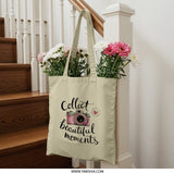Collect Beautiful Moments Tote Bag, Camera Heart Design, Photo Lover Gift, Canvas Tote, Shopping Bag, Everyday Carry, Gift for Her - Tawshia