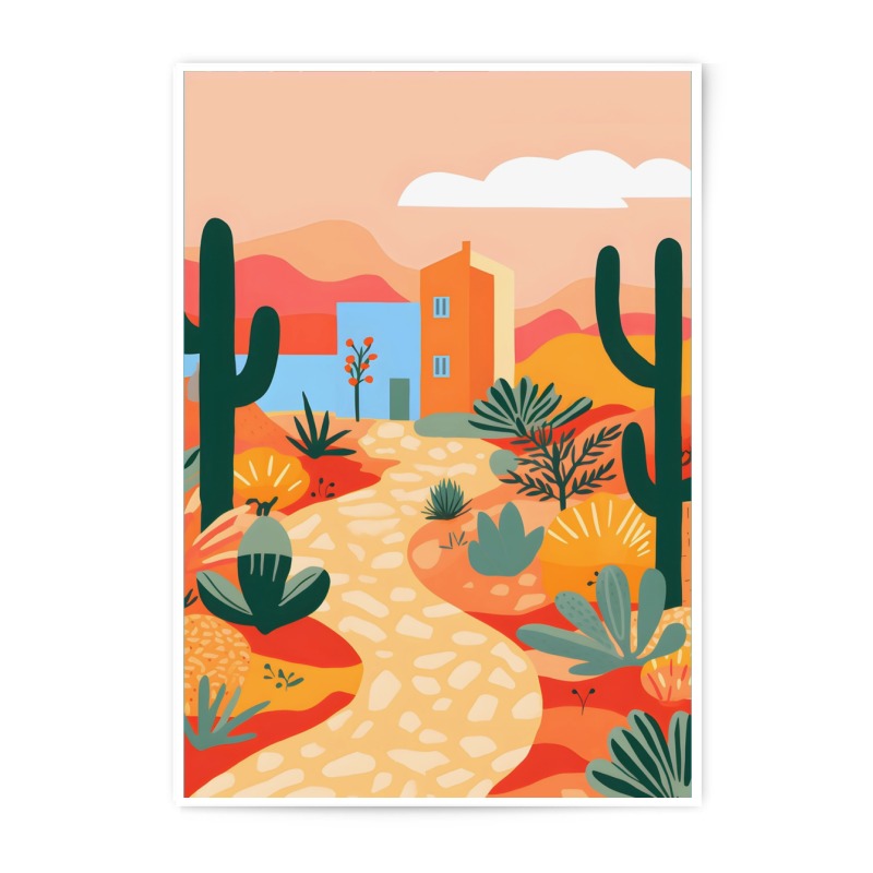 Desert Landscape Photographic Print, Cactus Illustration Art, Southwestern Home Decor, Colorful Desert Scene, Desert House Wall Art - Tawshia