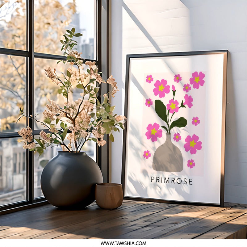 Primrose Flower Wall Art, Floral Print, Pink Flower Art, Botanical Art Print, Home Decor, Modern Wall Decor, Minimalist Wall Art - Tawshia