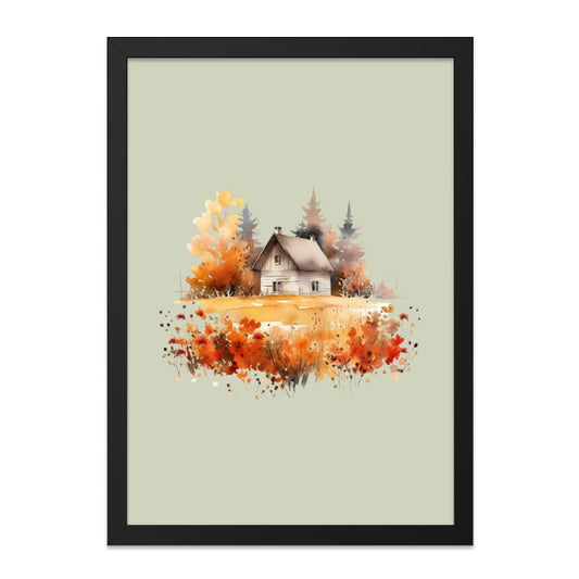 Autumn Cabin Wall Art, Watercolor Landscape Print, Rustic Home Decor, Cozy Cottage Art, Fall Season Scenery, Wall Decor - Tawshia