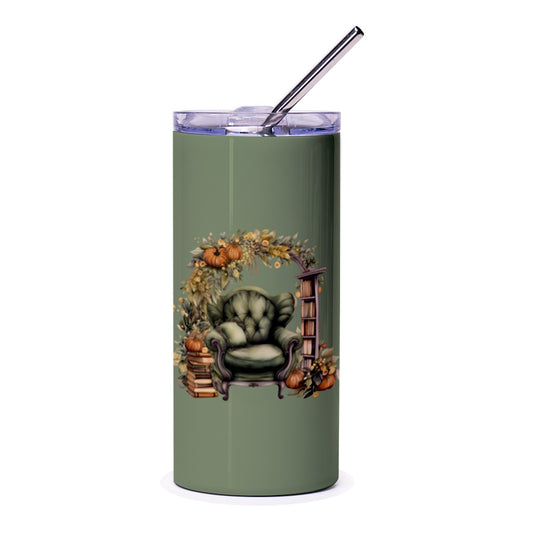 Autumn Reading Nook Tumbler, Fall Decor Tumbler, Cozy Armchair Design, Book Lover Gift, Pumpkin Leaves Tumbler, Thanksgiving Season Cup - Tawshia
