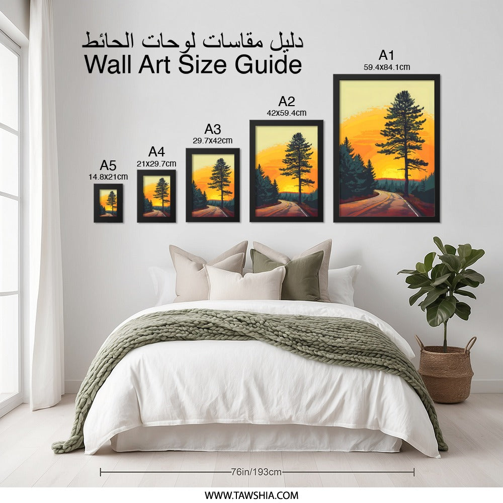 Sunset Road Wall Art, Pine Tree Print, Landscape Painting, Nature Wall Decor, Scenic Art Print, Modern Wall Art, Home Decor - Tawshia