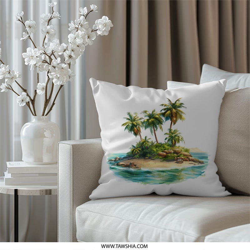 Tropical Island Pillow, Palm Tree Scene Throw Pillow, Beach Coastal Decor Pillow, Vacation Vibes Accent Pillow, Island Getaway Cushion - Tawshia