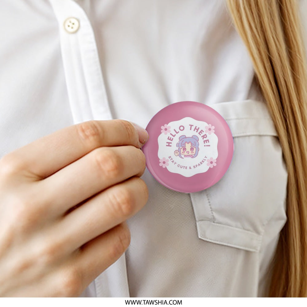 Hello There Pinback Button, Cute Anime Button, Sparkly Pinback Button, Floral Pinback Button, Kawaii Pinback Button - Tawshia