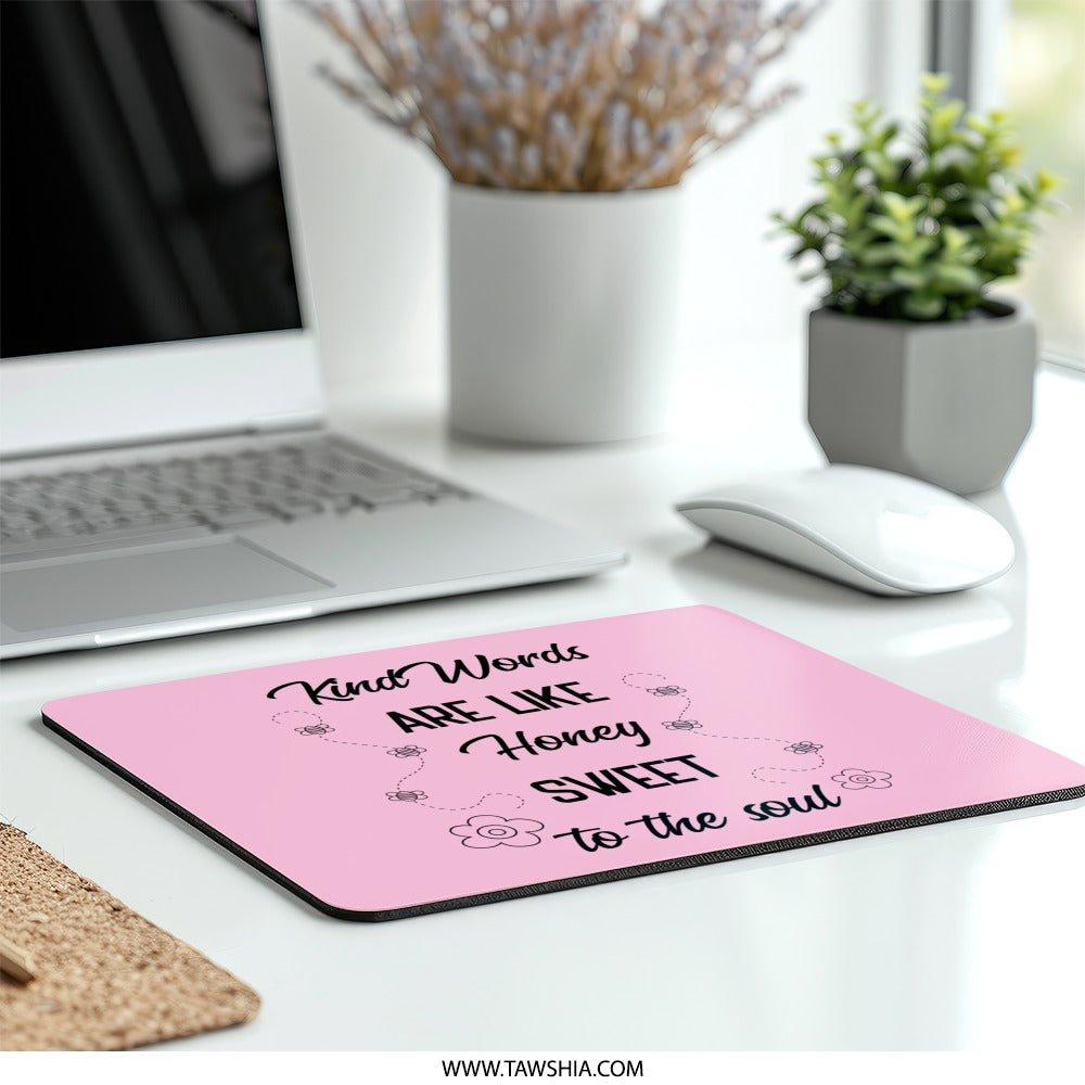 Kind Words Like Honey Mouse Pad, Inspirational Quote Office Decor, Motivational Desk Accessory, Sweet Soul Honey Bee Gift, Cute Pink - Tawshia