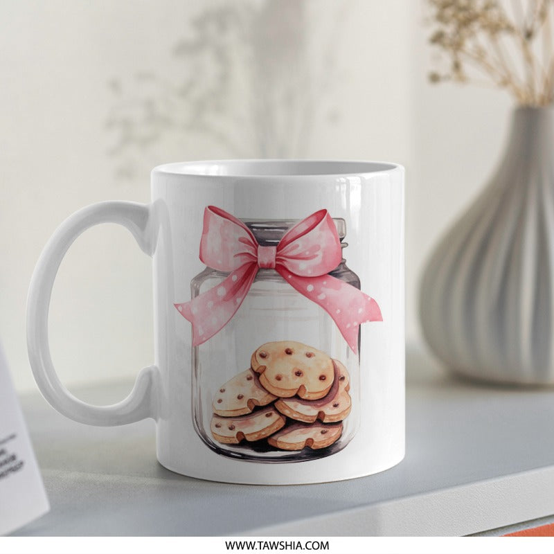 Cute Cookies Jar Mug, Pink Bow Mug, Sweet Treat Mug, Watercolor Art Coffee Cup, Gift for Baker, Food Lover Mug, Unique Mug - Tawshia