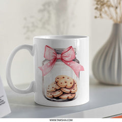 Cute Cookies Jar Mug, Pink Bow Mug, Sweet Treat Mug, Watercolor Art Coffee Cup, Gift for Baker, Food Lover Mug, Unique Mug - Tawshia