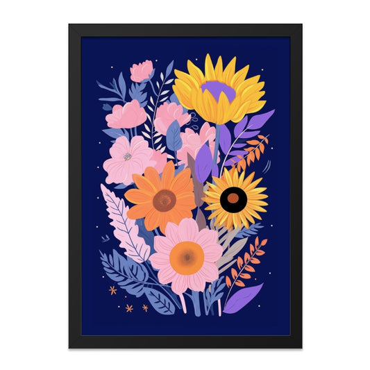 Floral Bouquet Wall Art, Sunflower Art Print, Botanical Illustration, Colorful Flower Painting, Navy Blue Background, Nature Home Decor - Tawshia