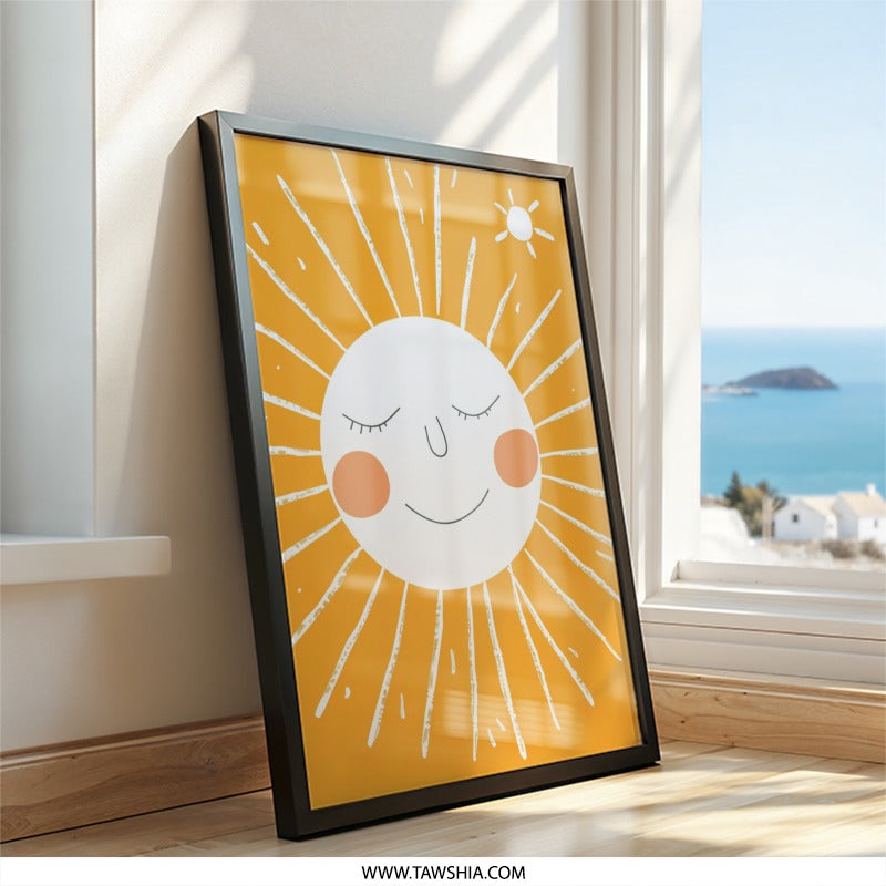 Sleepy Sun Wall Art, Smiling Sun Art, Nursery Decor, Cute Sun Print, Kids Room Art, Sunshine Art, Happy Sun Art, Yellow Sun Wall Art - Tawshia