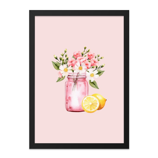 Lemon Wall Art, Pink Flowers Print, Mason Jar Decor, Summer Kitchen Wall Decor, Watercolor Fruit Art, Botanical Print, Floral Wall Art - Tawshia