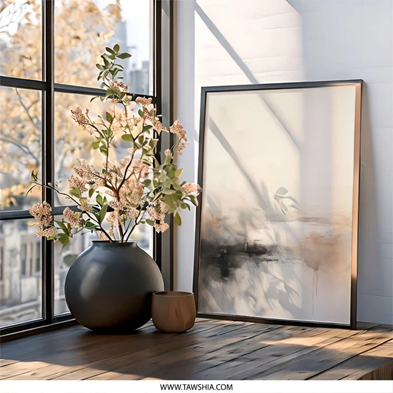 Abstract Landscape Wall Art, Beige Black Art Print, Modern Neutral Painting, Contemporary Home Decor, Living Room Art, Framed Wall Art - Tawshia