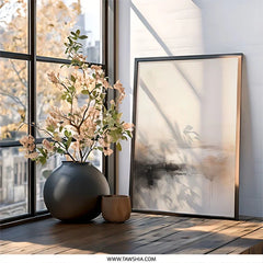 Abstract Landscape Wall Art, Beige Black Art Print, Modern Neutral Painting, Contemporary Home Decor, Living Room Art, Framed Wall Art - Tawshia