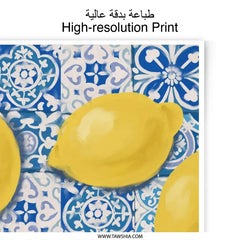 Lemon Photographic Print, Mediterranean Wall Art, Blue Tile Decor, Citrus Kitchen Art, Summer Decor, Fruit Print, Modern Wall Art - Tawshia