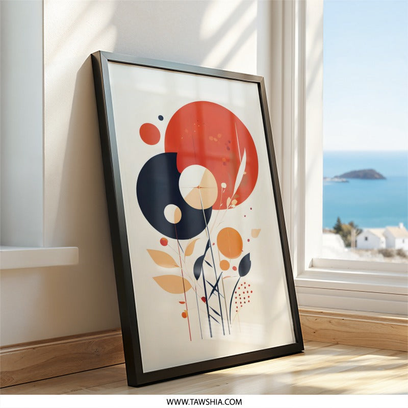 Abstract Floral Wall Art, Modern Geometric Print, Contemporary Art Decor, Red and Blue Botanical Wall Decor, Minimalist Flower Art Print - Tawshia