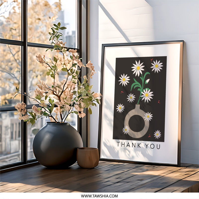 Thank You Daisies Wall Art, Floral Print, Flower Vase Art, Minimalist Art, Modern Wall Decor, Housewarming Gift, Daisy Flower Art - Tawshia