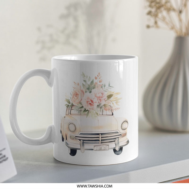 Floral Car Mug, Classic Car Design, Flower Bouquet Mug, Aesthetic Mug, Cute Coffee Mug, Unique Gift Idea, Vintage Car Lover Mug - Tawshia