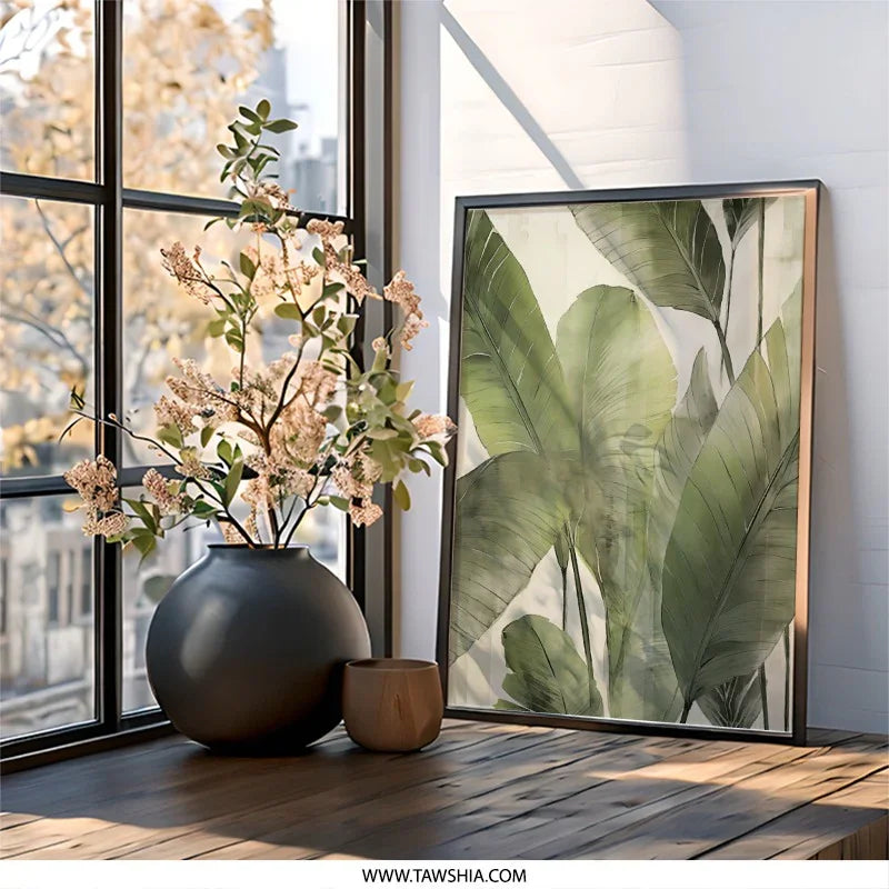 Botanical Wall Art, Tropical Leaves Print, Large Green Leaf Wall Decor, Modern Nature Art, Banana Leaf Illustration, Minimalist Art - Tawshia