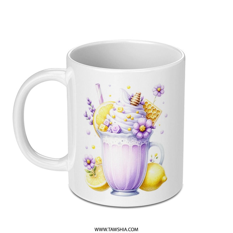 Lemonade Mug, Watercolor Mug, Floral Drink Mug, Summer Drink Mug, Purple Flowers Mug, Dessert Mug, Honeycomb Mug - Tawshia