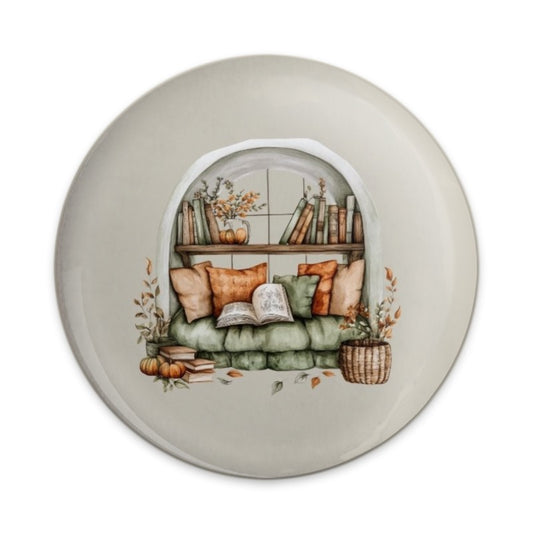 Book Nook Pinback Button, Reading Corner, Cozy Home Decor, Autumn Leaves, Book Lover Gift, Literary Accessories, Bookcase Button - Tawshia