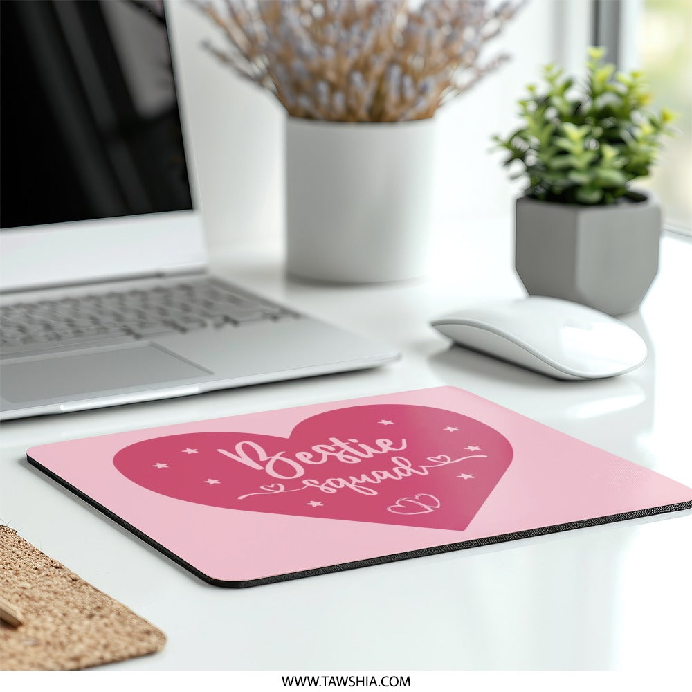 Bestie Squad Mouse Pad, Friendship Gift, Cute Office Decor, Pink Heart Mousepad, Gift For Best Friend, Galentine's Day Gift - Tawshia