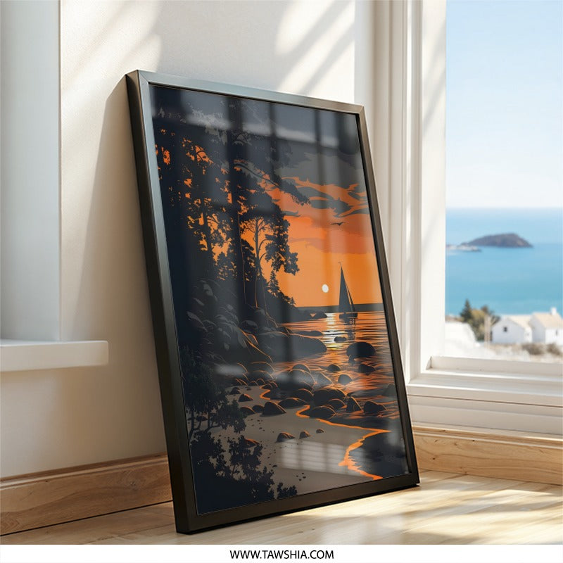 Sunset Sailboat Wall Art, Coastal Scenery Print, Beach Silhouette Poster, Orange Sky Landscape, Scandinavian Design, Nature Artwork - Tawshia