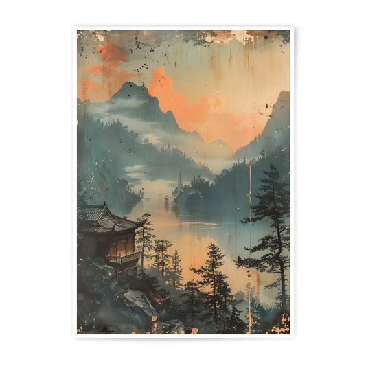 Asian Landscape Photographic Print, Mountain Sunset Art, Japanese Temple Photo, Misty Lake Decor, Zen Wall Art, Nature Photography - Tawshia