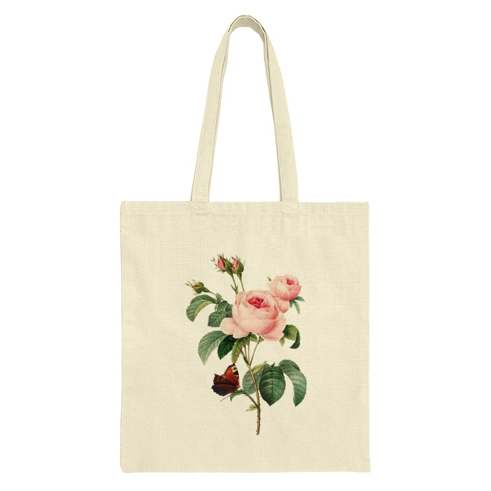 Pink Rose Tote Bag, Floral Tote, Butterfly Tote Bag, Botanical Bag, Gift for Her, Stylish Tote Bag, Elegant Bag, Unique Tote Design - Tawshia