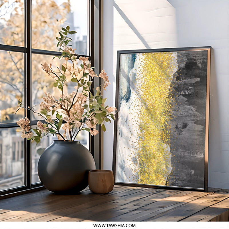 Gold Glitter Abstract Wall Art, Modern Minimalist Art, Gray and Gold Print, Contemporary Home Decor, Elegant Wall Art - Tawshia