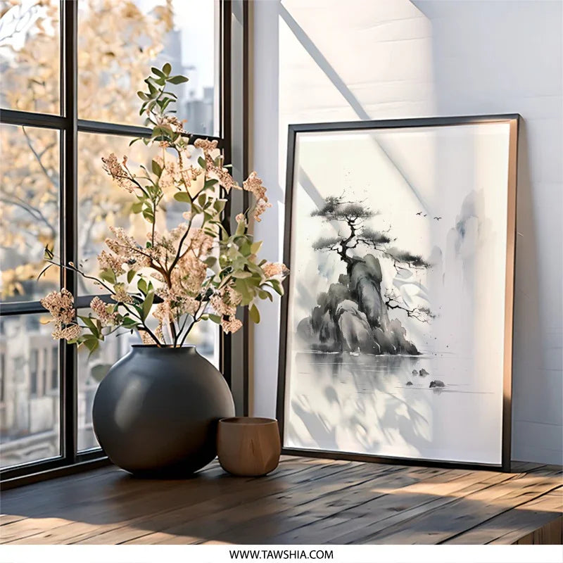Ink Wash Landscape Wall Art, Japanese Painting Print, Minimalist Art, Sumi-e Artwork, Oriental Decor, Asian Wall Decor, Zen Art Print - Tawshia
