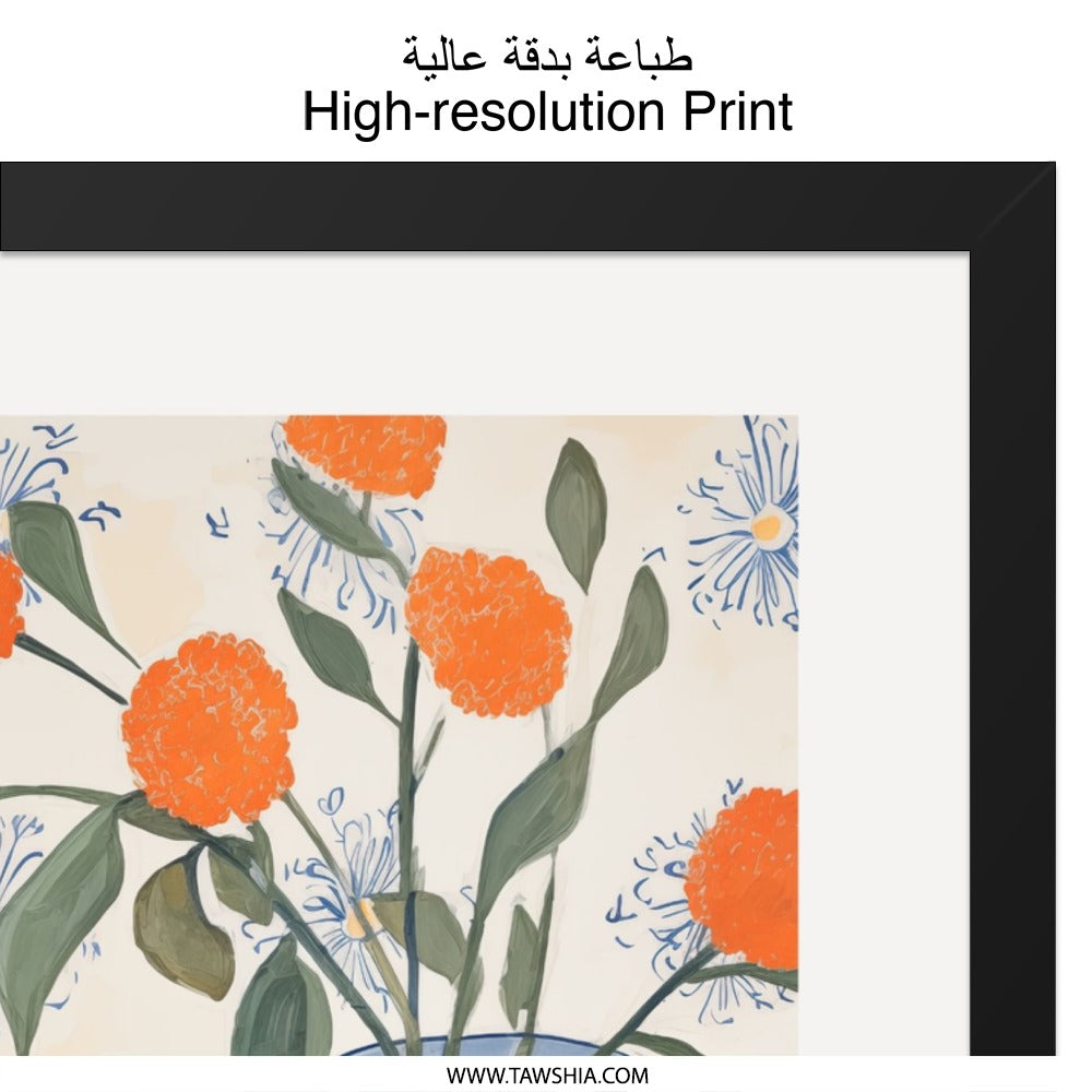 Orange Flower Vase Wall Art, Fruit Still Life Print, Blue and White Pottery Decor, Kitchen Wall Decor, Vibrant Home Decor - Tawshia