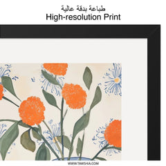Orange Flower Vase Wall Art, Fruit Still Life Print, Blue and White Pottery Decor, Kitchen Wall Decor, Vibrant Home Decor - Tawshia