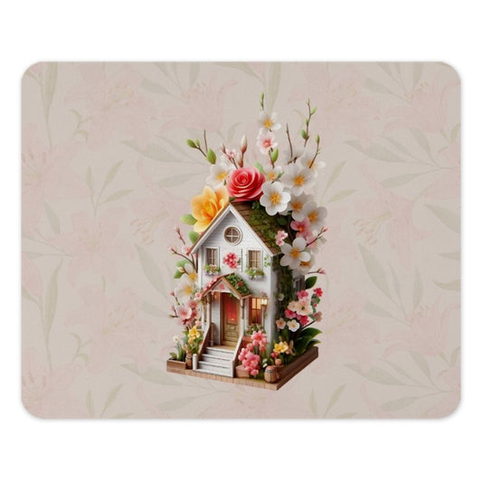 Floral House MousePad, Cottagecore Decor, Cute Desk Accessory, Flower Home Office, Gift for Her, Artistic Mouse Pad, Spring Design - Tawshia