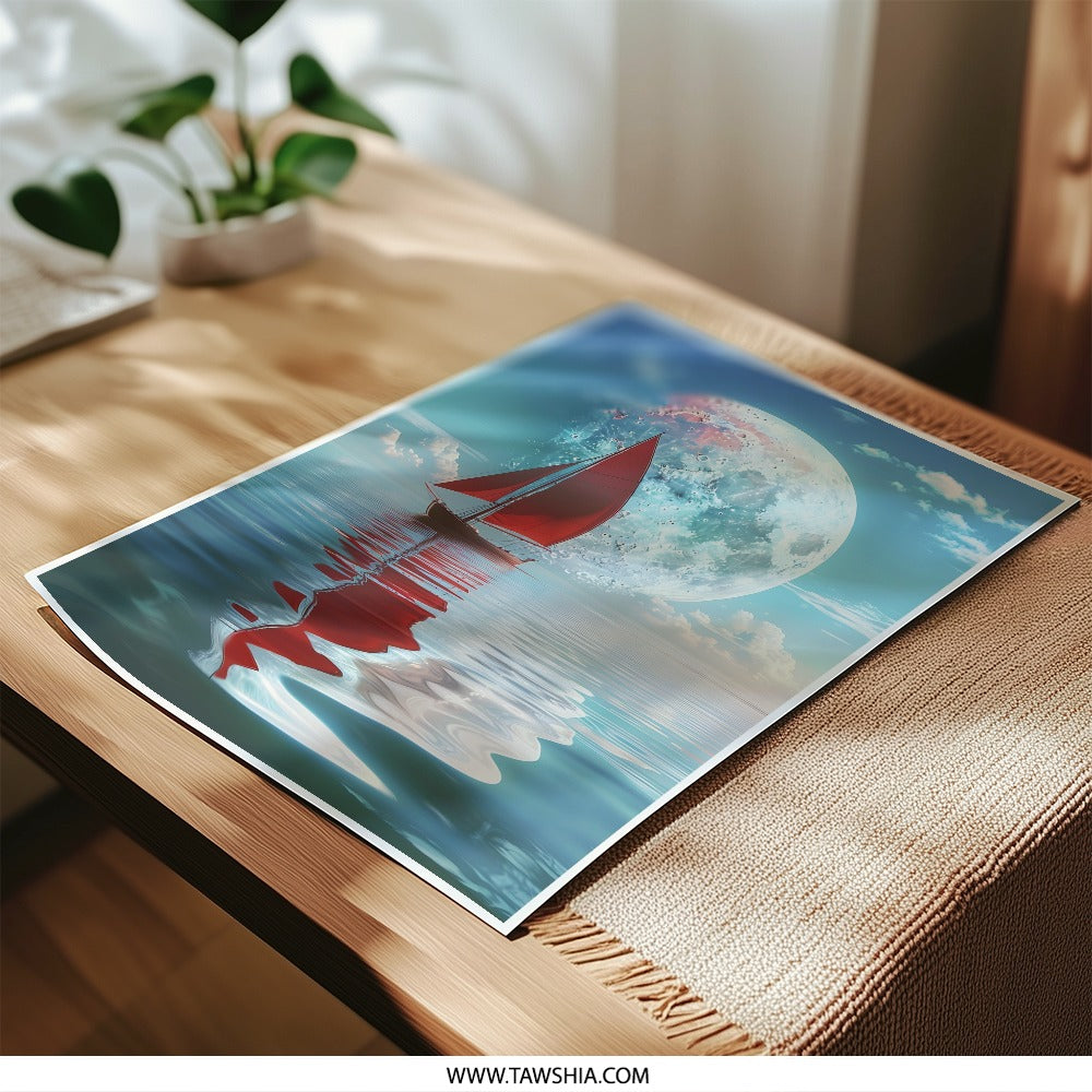 Red Sailboat Photographic Print, Moonlit Ocean Art, Fantasy Sailboat Decor, Surreal Seascape Photo, Coastal Wall Art, Nautical Gift Idea - Tawshia