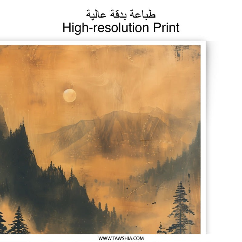 Japanese Bridge Photographic Print, Mountain Landscape Photo, Forest Reflection Art, Misty Moon Artwork, Nature Photography Print - Tawshia