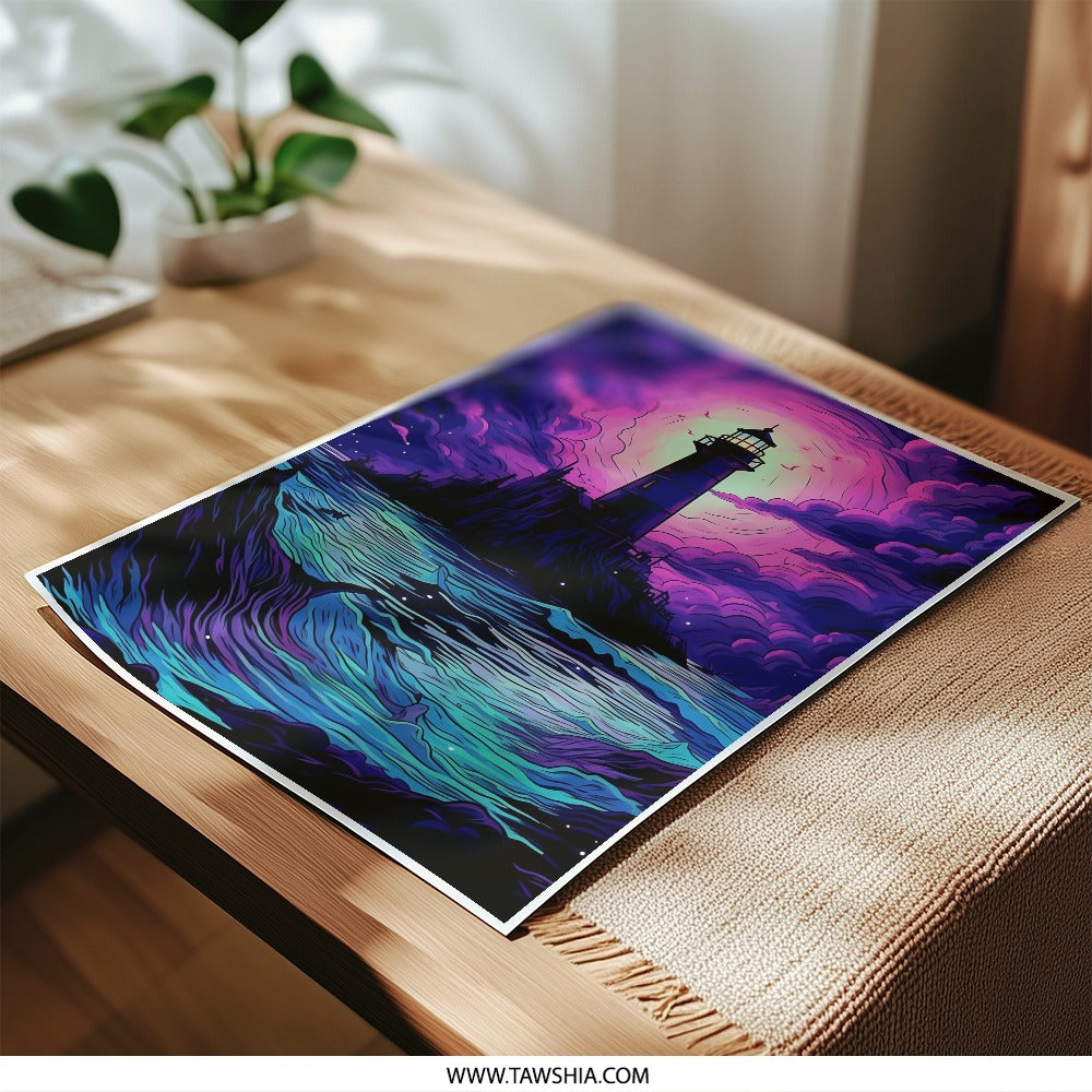 Lighthouse Photographic Print, Neon Sky Art Print, Ocean Wave Photo, Coastal Wall Art, Modern Home Decor, Unique Gift Idea - Tawshia