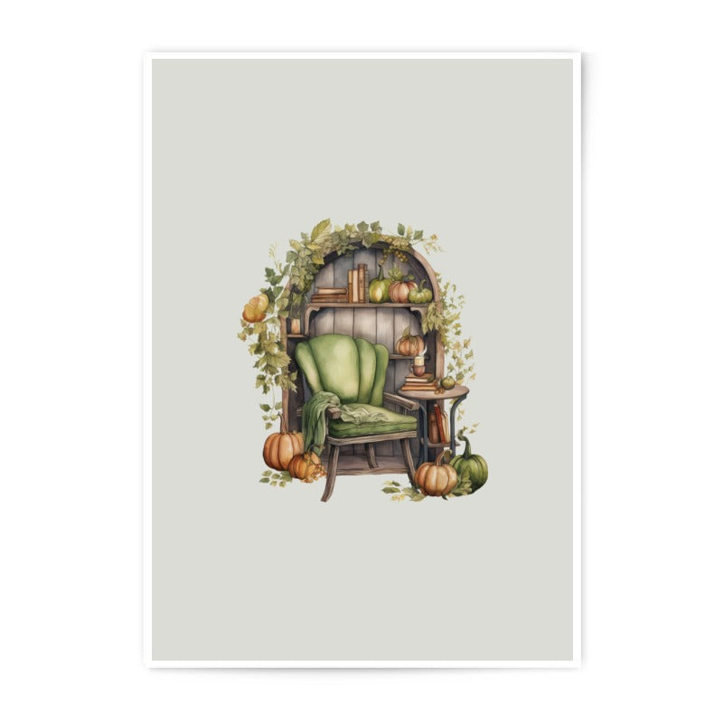 Cozy Autumn Photographic Prints, Fall Decor Art, Pumpkin Season Prints, Watercolor Chair Art, Book Nook Fine Art, Seasonal Wall Art - Tawshia