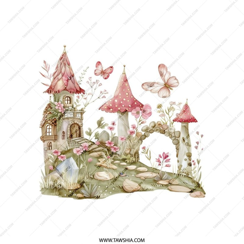 Fairy Tale Pillow, Mushroom House, Butterfly Pillow, Fantasy Castle Decor, Whimsical Home Decor Pillow, Kids Room Decor Pillow - Tawshia
