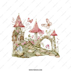 Fairy Tale Pillow, Mushroom House, Butterfly Pillow, Fantasy Castle Decor, Whimsical Home Decor Pillow, Kids Room Decor Pillow - Tawshia