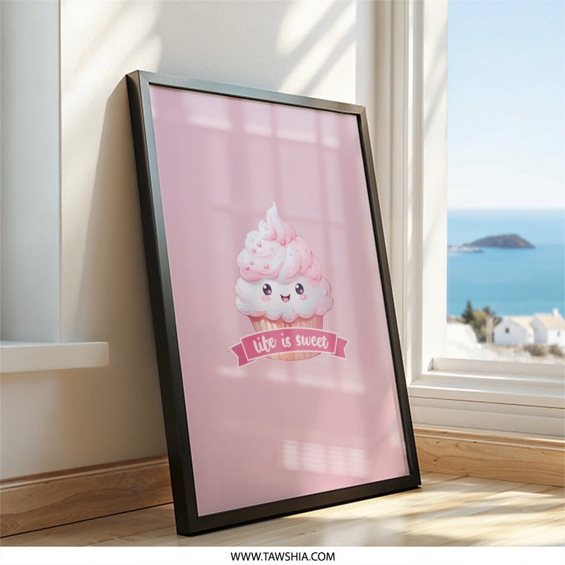 Cute Cupcake Wall Art, Kawaii Dessert Print, Life is Sweet Decor, Pink Foodie Art, Nursery Wall Decor, Kids Room Art, Sweet Treat Art - Tawshia