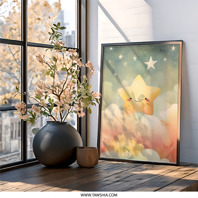 Starry Night Wall Art, Smiling Star Print, Nursery Decor, Celestial Art, Kids Room Art, Baby Shower Gift, Dreamy Wall Art - Tawshia