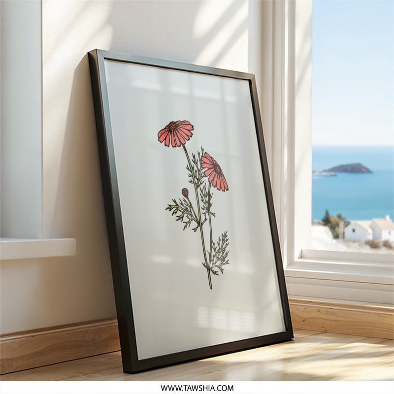 Coral Daisy Wall Art Print, Floral Illustration, Botanical Decor, Modern Home Decor, Living Room Art, Gift Idea, Minimalist Flower Art - Tawshia