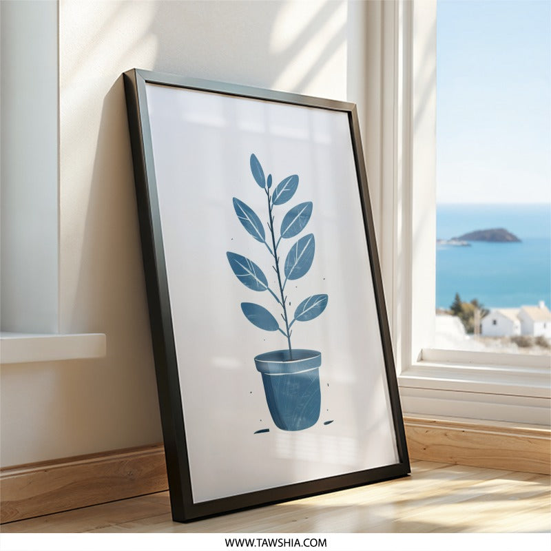 Plant Wall Art, Blue Plant Print, Potted Plant Art, Modern Home Decor, Botanical Wall Decor, Minimalist Wall Art, House Plant Gift - Tawshia