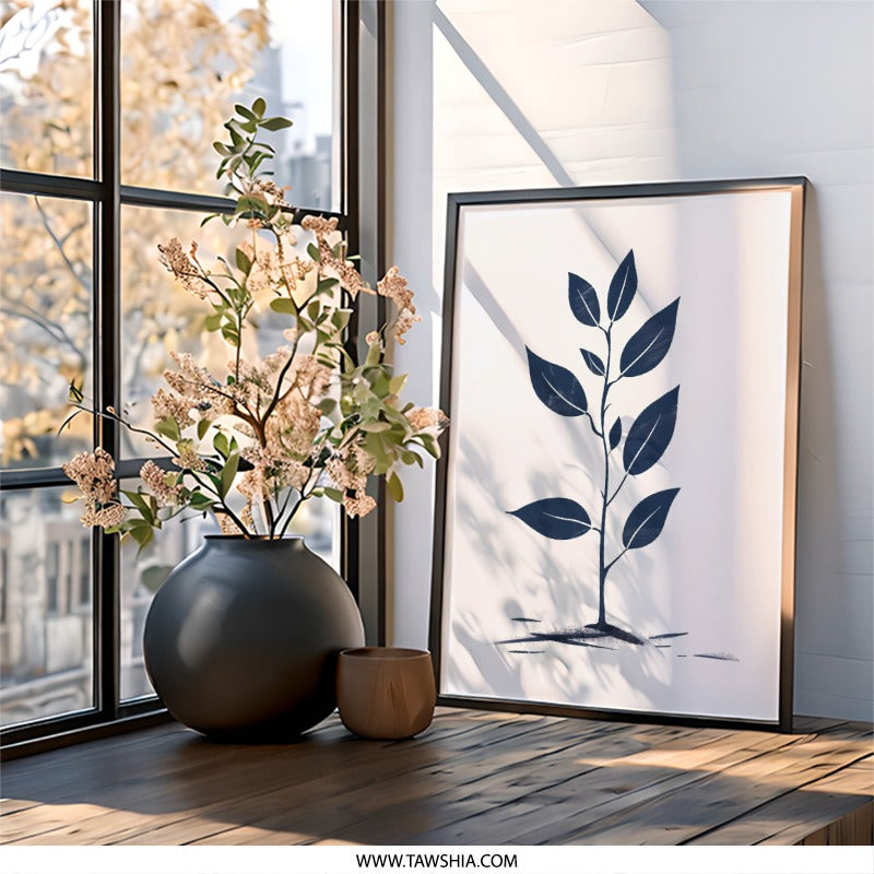 Blue Plant Wall Art, Botanical Print, Minimalist Art, Modern Home Decor, Leaf Illustration, Nature Inspired Artwork, Framed Wall Art - Tawshia