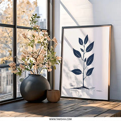 Blue Plant Wall Art, Botanical Print, Minimalist Art, Modern Home Decor, Leaf Illustration, Nature Inspired Artwork, Framed Wall Art - Tawshia