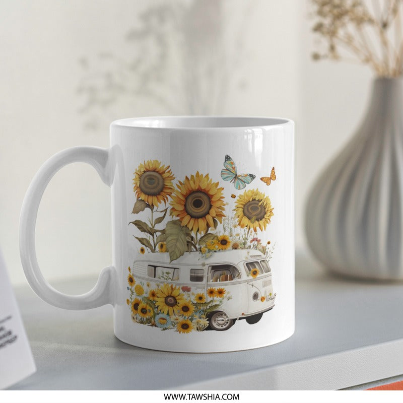 Sunflower VW Van Mug, Boho Hippie Mug, Floral Camper Mug, Cute Butterfly Coffee Mug, Road Trip Gift, Nature Lover Gift, Summer Mug - Tawshia