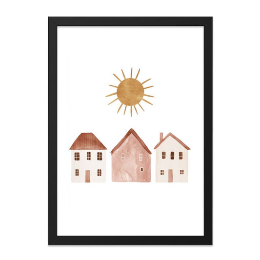 Watercolor Village Wall Art, Sun and Houses Print, Whimsical Home Decor, Kids Room Art, Nursery Wall Art, Playroom Decor - Tawshia