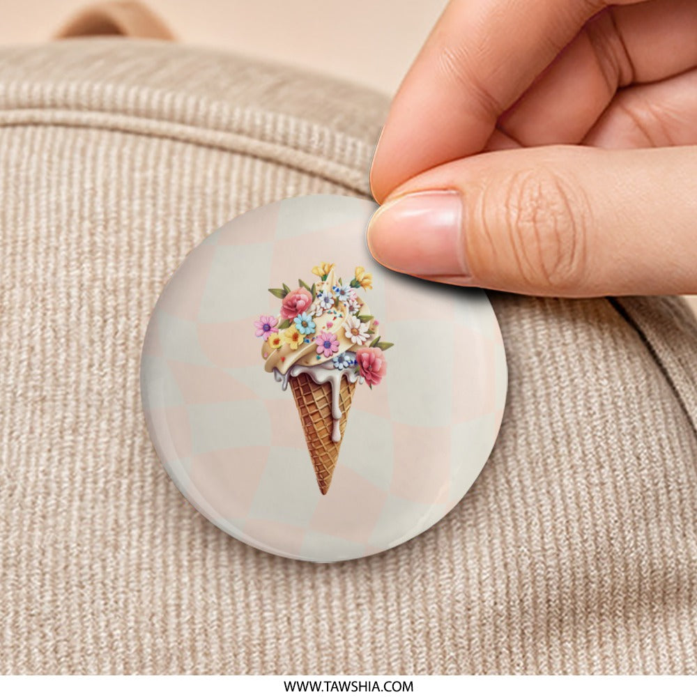 Floral Ice Cream Pinback, Cute Pin Badge, Sweet Treat Pin, Summer Accessory, Foodie Gift, Fun Flair, Unique Pins, Button Pin, Pin Collection - Tawshia